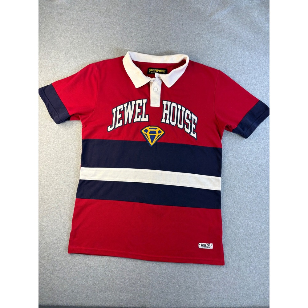 Jewel House Denim Co Mens XL Polo Shirt Red Navy‎ Colorblock Diamond Logo Rugby